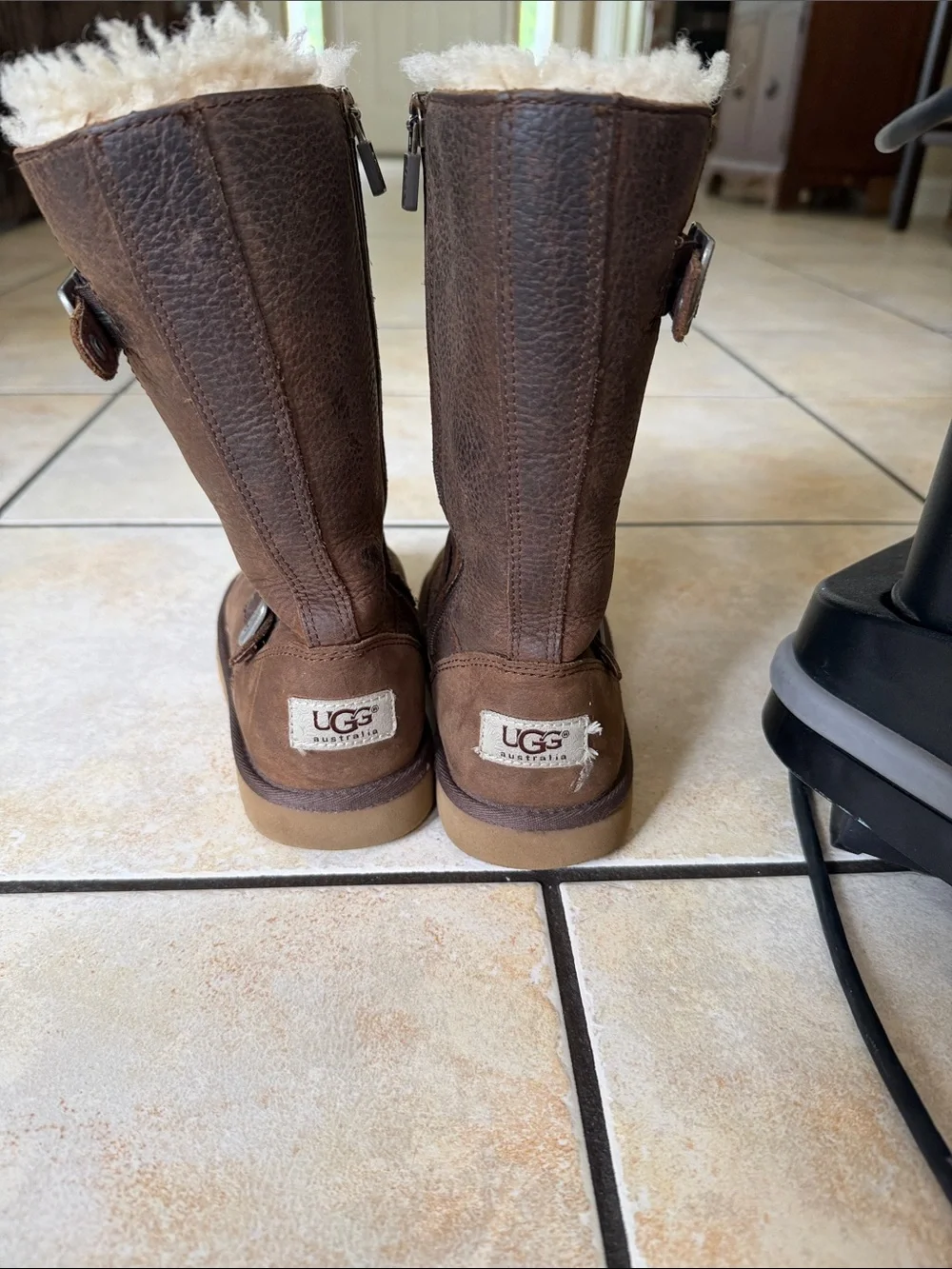 UGG Kids Brown Leather Shearling-Lined Tall Boots